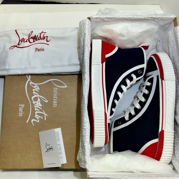 NEW 2024! CHRISTIAN LOUBOUTIN PEDRO FLAT HIGHTOP SNEAKERS MARINE RED WHITE 44 - Picture 13 of 15
